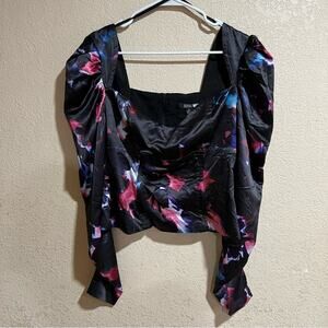 Badgley Mischka Printed Bustier Top in Black 10 Womens Satin Blouse